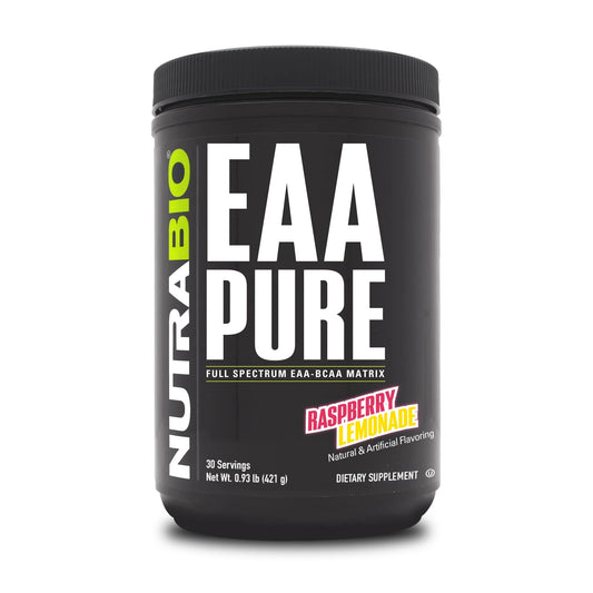 NutraBio EAA Pure Raspberry Lemonade bottle for convenient post-workout hydration and recovery.