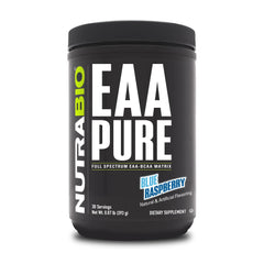 NutraBio EAA Pure tub front label highlights full spectrum amino acids for recovery.