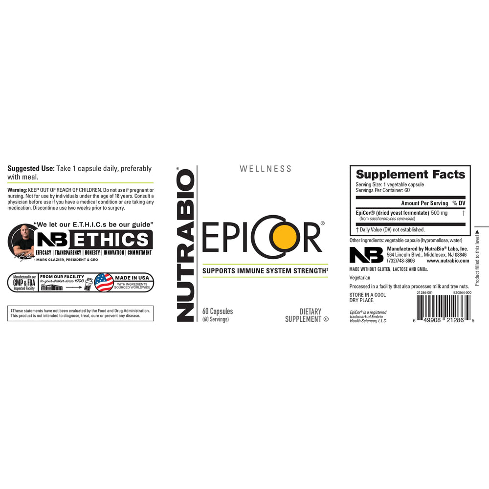 NutraBio Epicor label close-up; highlights whole-food fermentate ingredients.