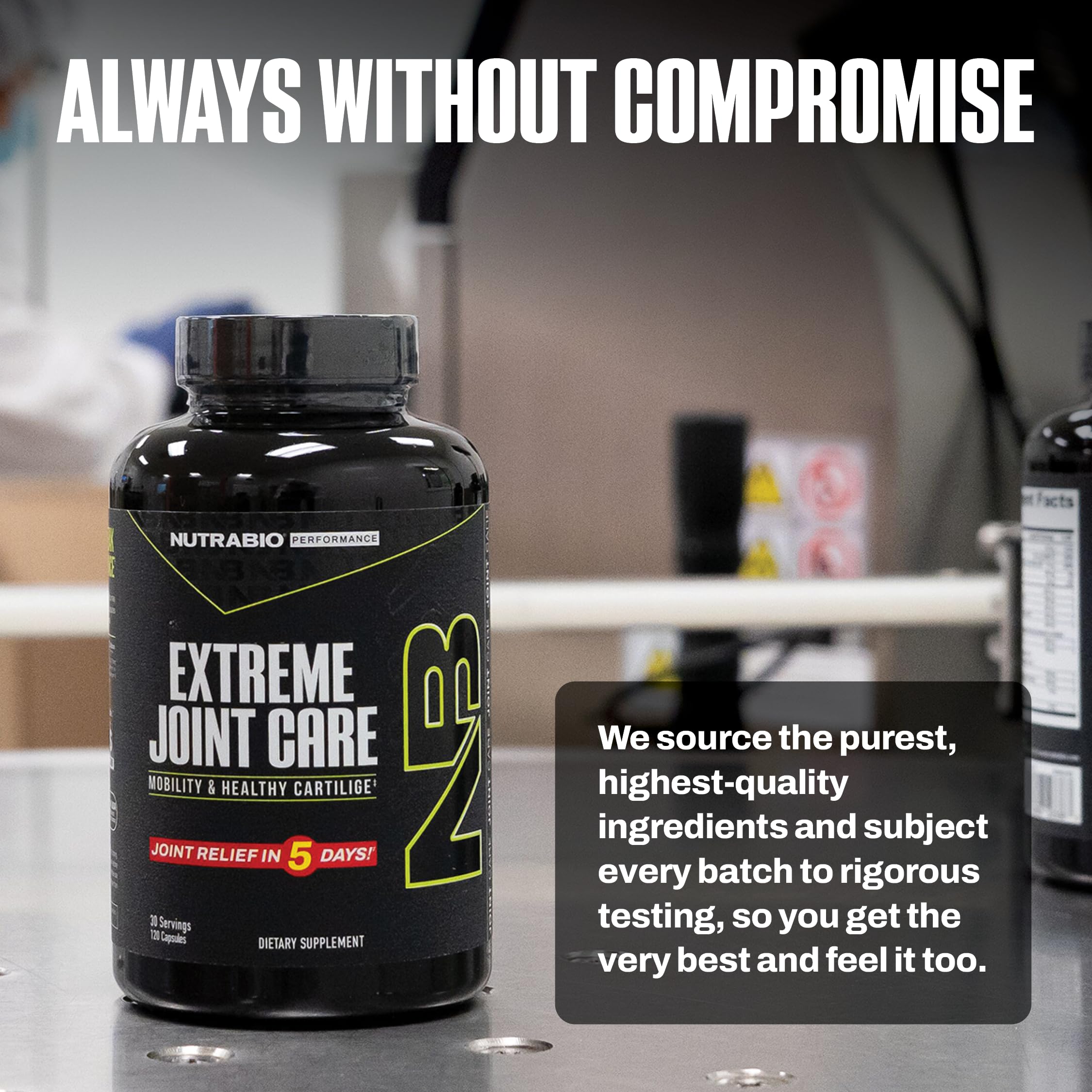 NutraBio Extreme Joint Care bottle with water shows easy-to-swallow capsules.