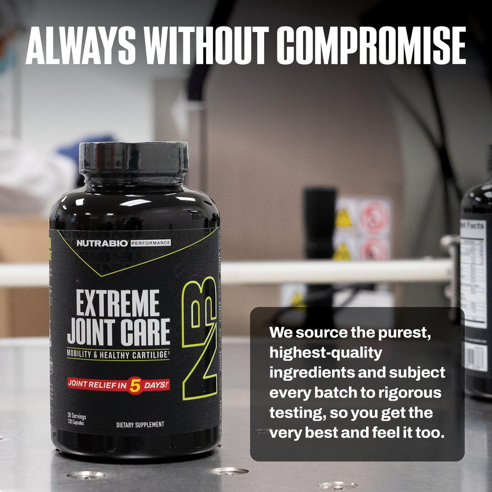 NutraBio Extreme Joint Care bottle with water shows easy-to-swallow capsules.