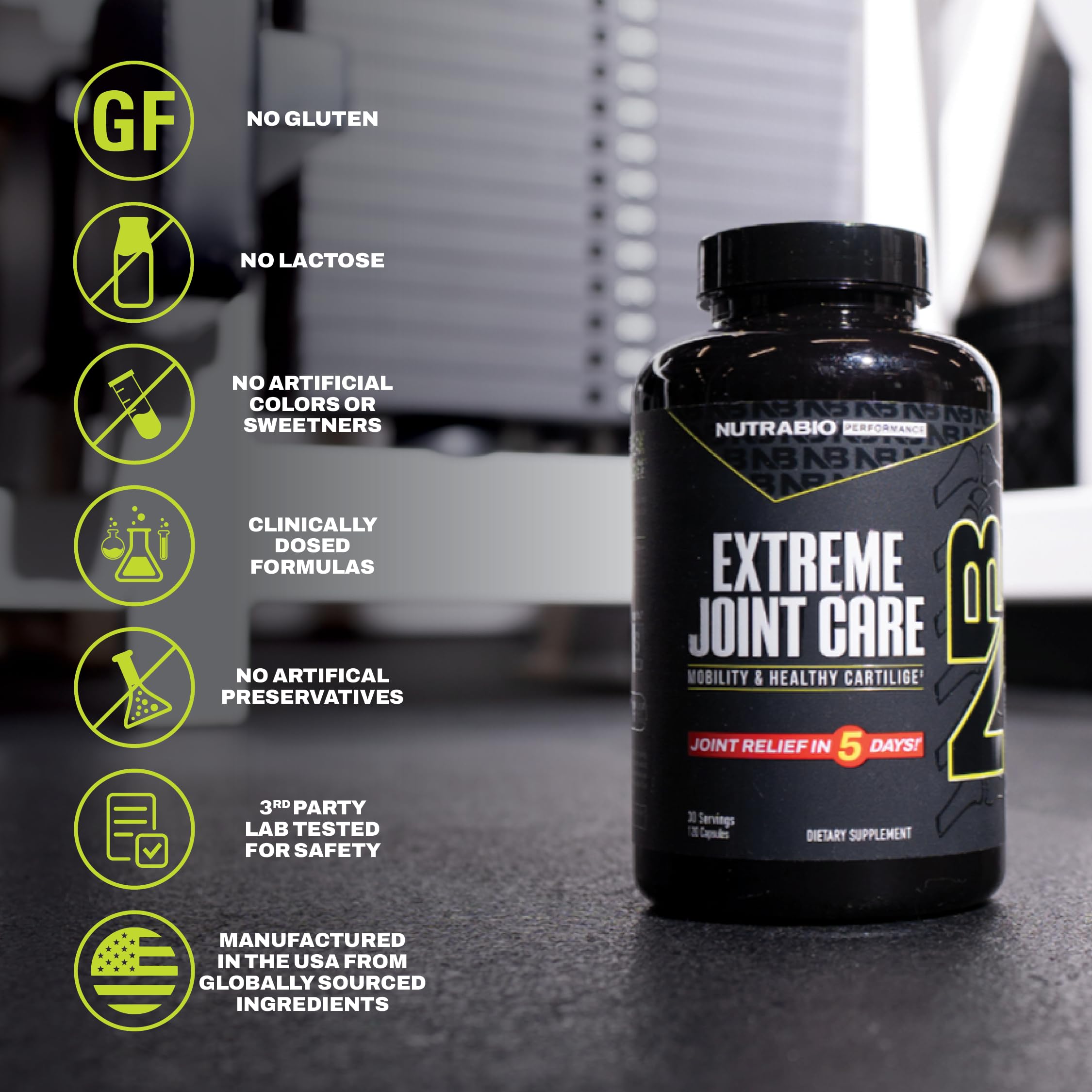 NutraBio Extreme Joint Care illustration highlights ingredients for joint health.