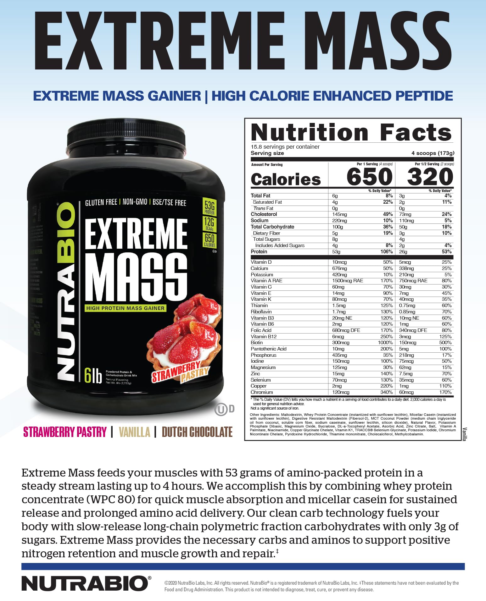 NutraBio Extreme Mass Gainer Vanilla kitchen countertop with measuring cup