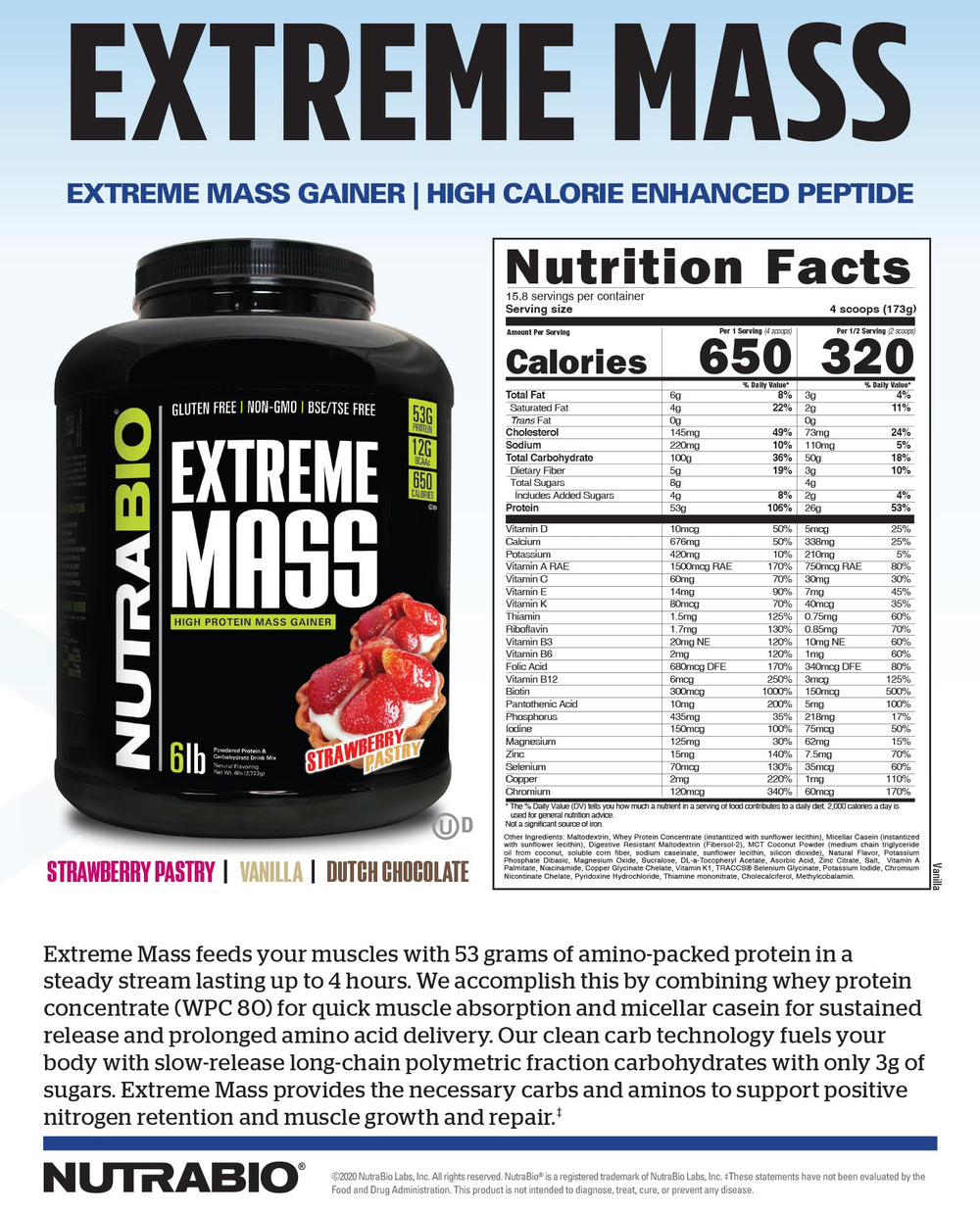 NutraBio Extreme Mass Gainer Vanilla kitchen countertop with measuring cup