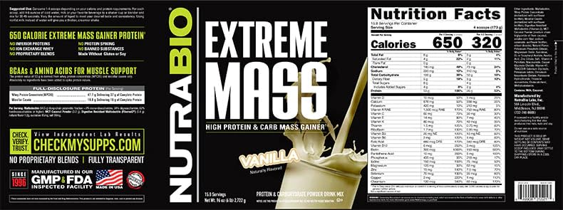 NutraBio Extreme Mass Gainer Vanilla made in USA packaging
