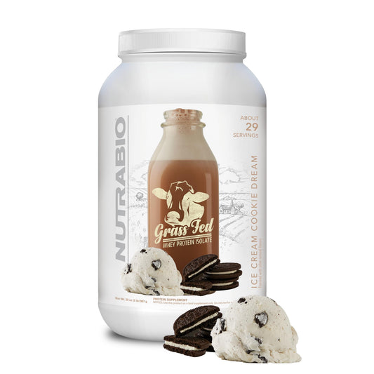 NutraBio Grass Fed Whey Isolate bottle shows clean label and protein quality.
