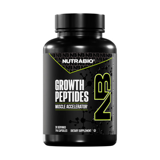 NutraBio Growth Peptides bottle front view showing a clean label for lean muscle support.