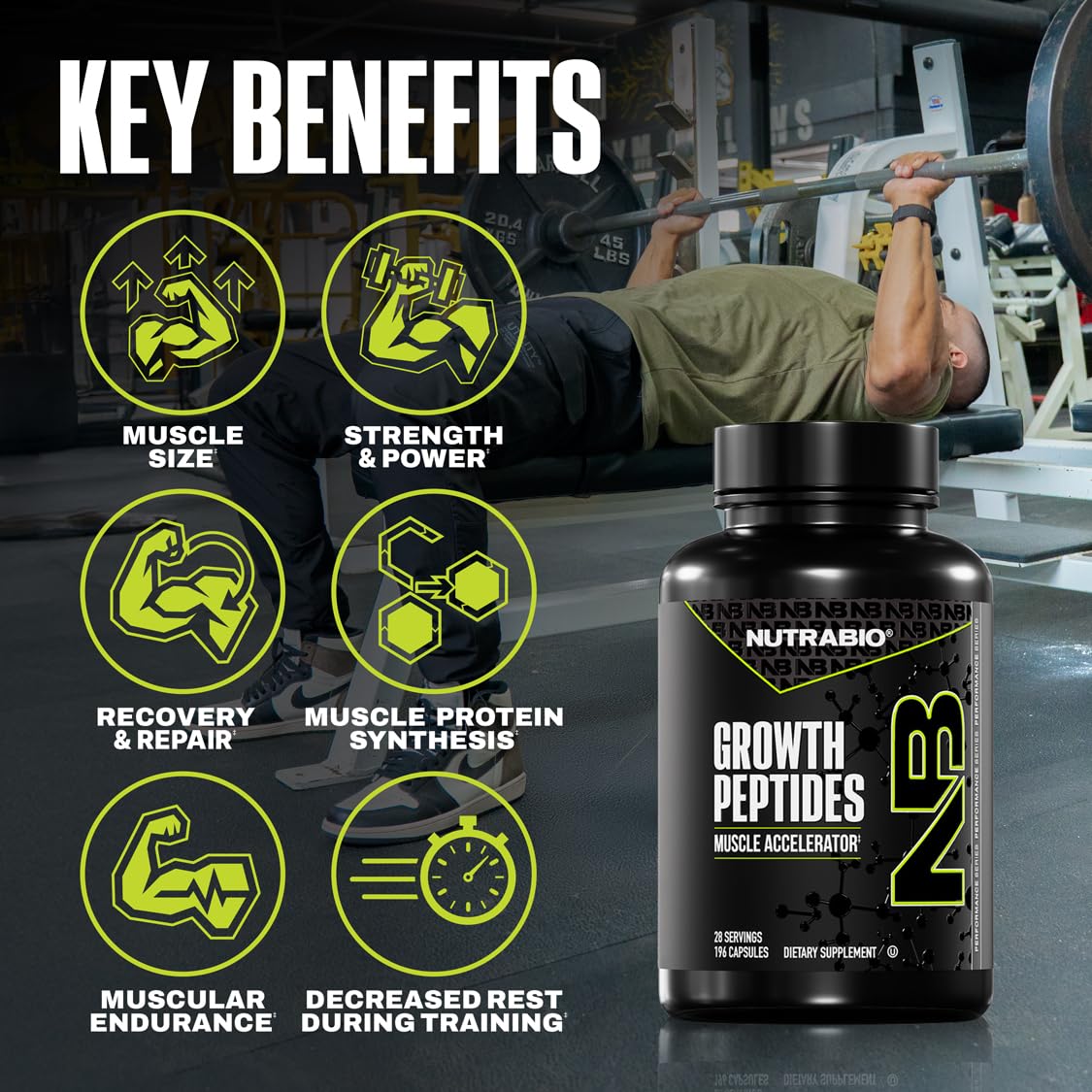 NutraBio Growth Peptides capsules close-up highlighting compact daily servings.