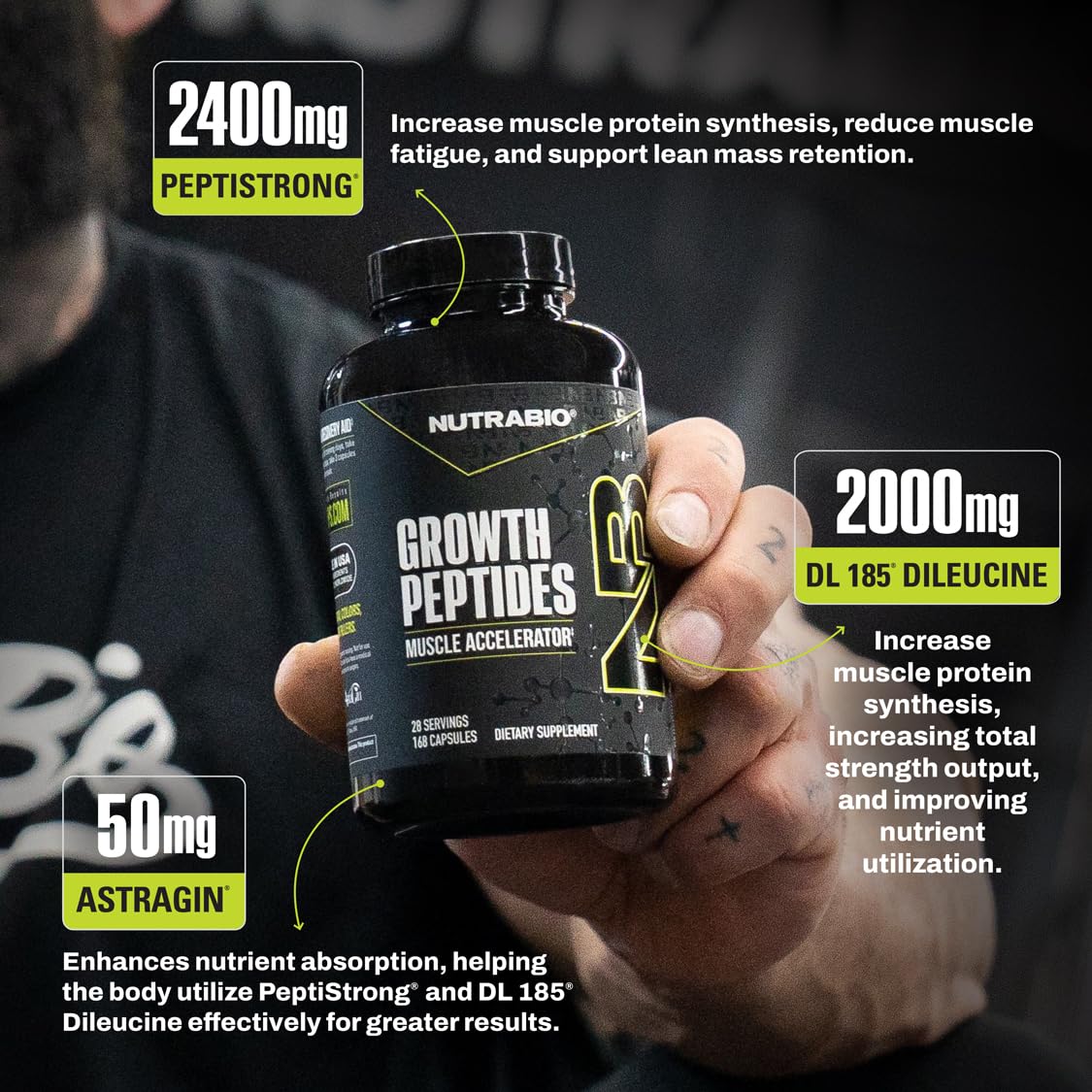 NutraBio Growth Peptides packaging on shelf emphasizing natural formulation appeal.