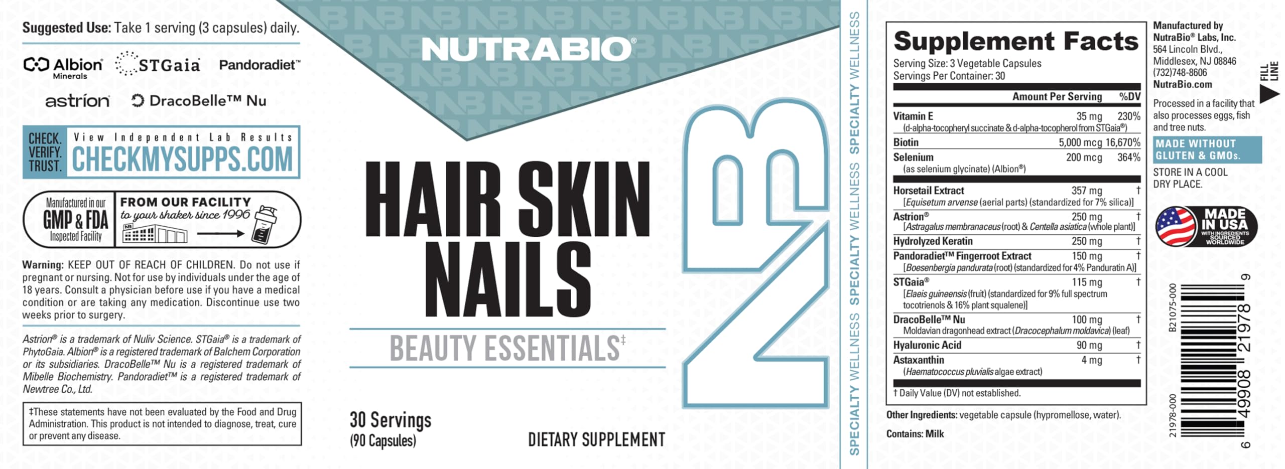 NutraBio Hair Skin Nails packaging with 90 capsules for simple routines.