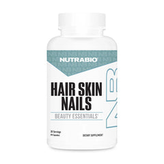 NutraBio Hair Skin Nails bottle on a clean counter for daily beauty support.