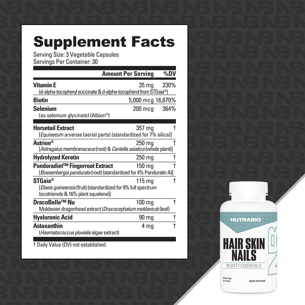NutraBio Hair Skin Nails label detail highlights collagen and hyaluronic features.