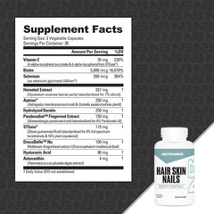 NutraBio Hair Skin Nails label detail highlights collagen and hyaluronic features.