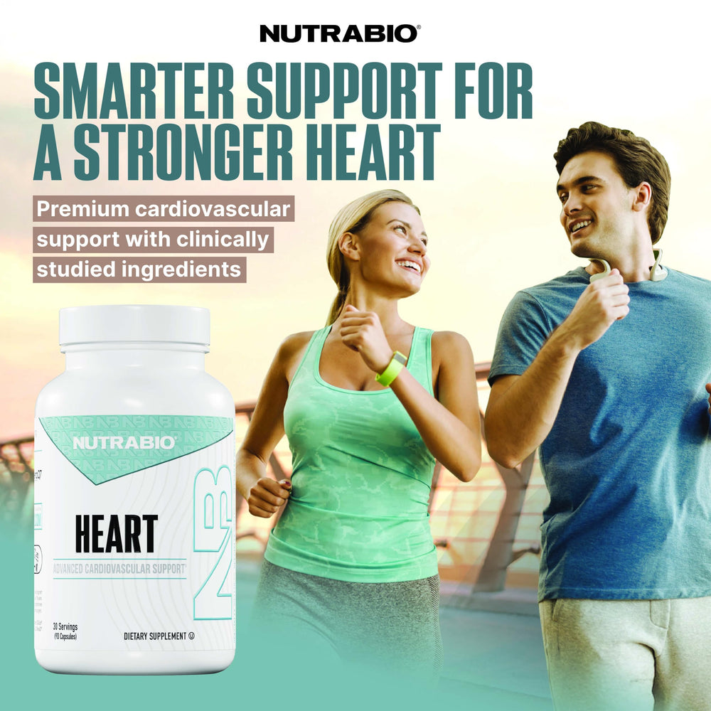NutraBio Heart capsules close-up showing convenient daily heart health support.