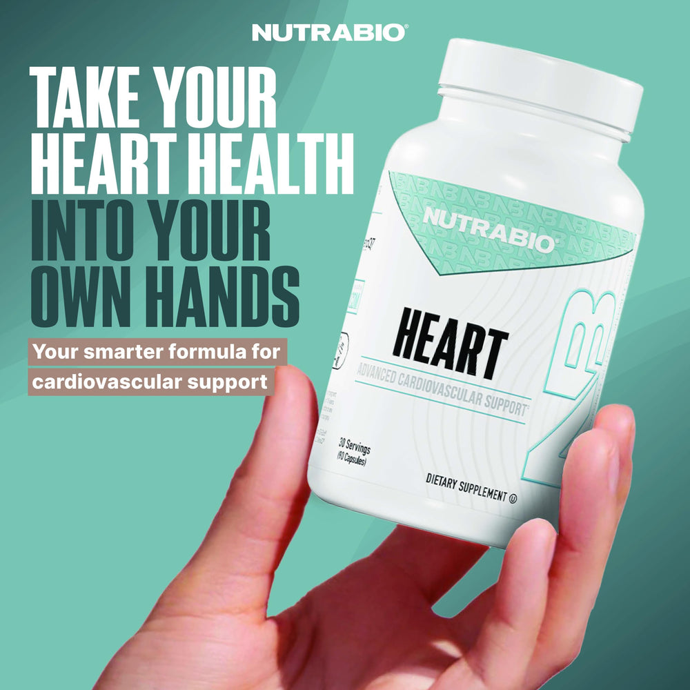 NutraBio Heart CoQ10 dosage detail highlighting cellular energy for workouts.