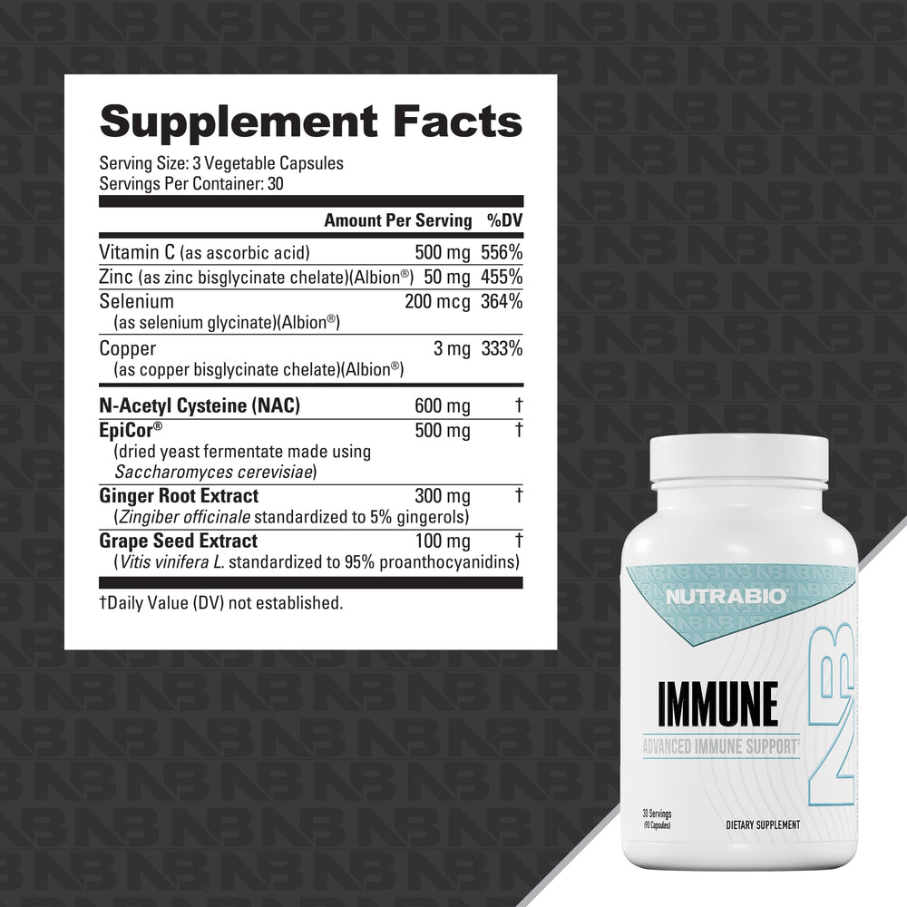 NutraBio Immune Support label close-up highlighting EpiCor blend.