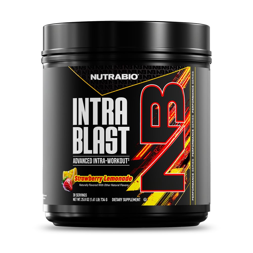 NutraBio Intra Blast BCAA powder tub for intra-workout amino support.