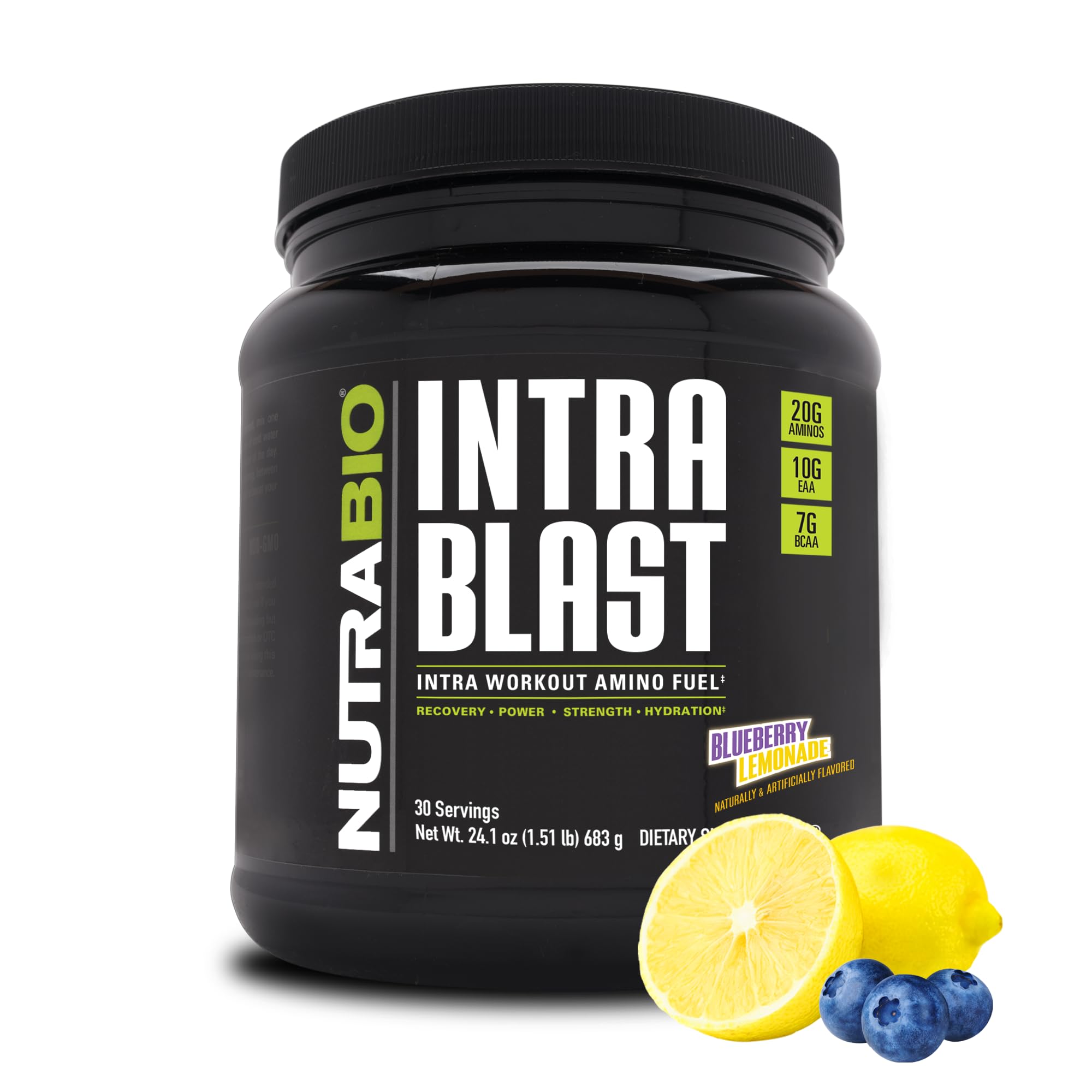 NutraBio Intra Blast Blueberry Lemonade powder for refreshing intra-workout hydration.