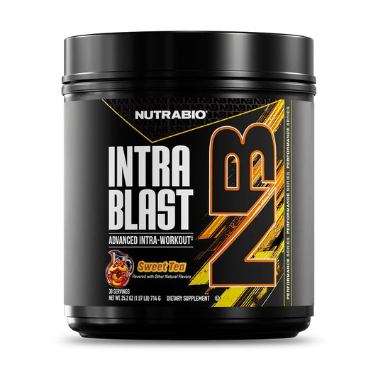 NutraBio Intra Blast bottle label shows essential amino acids for recovery potential