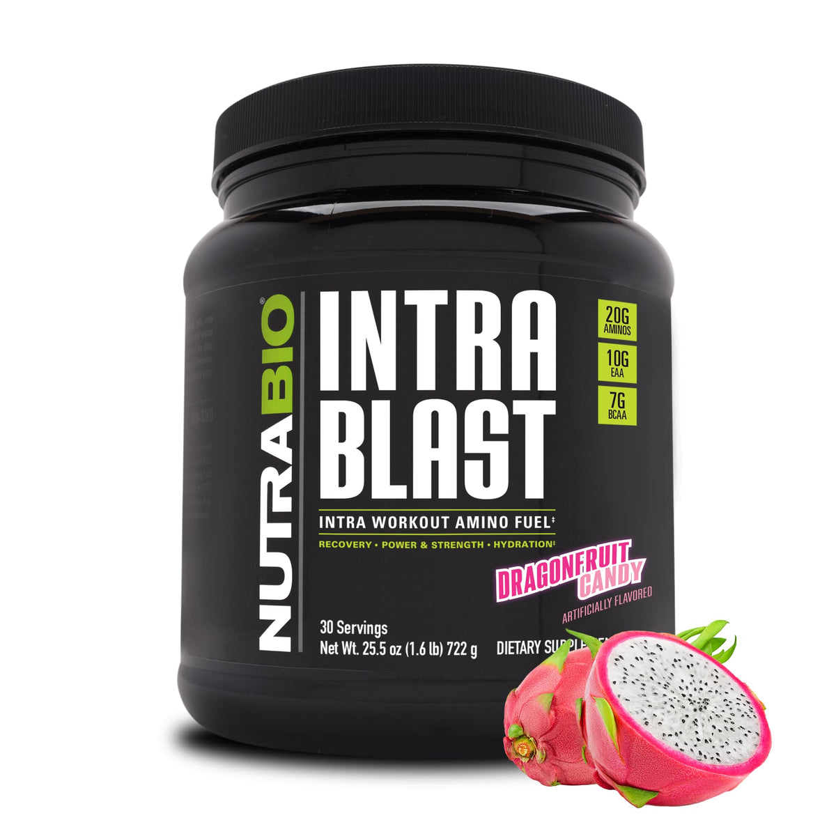 NutraBio Intra Blast bottle label highlighting the amino blend for workouts