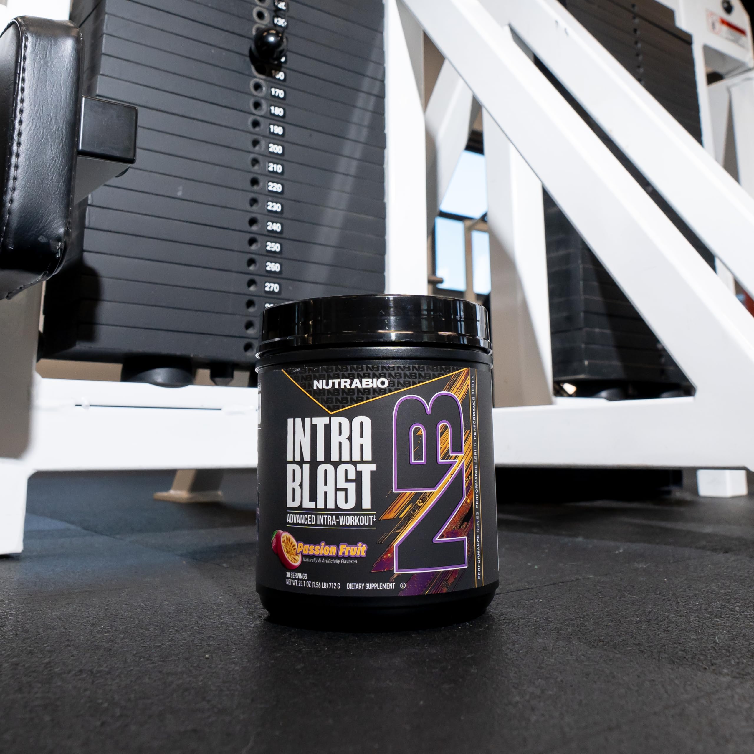 NutraBio Intra Blast canister closeup illustrating 30 serving count.
