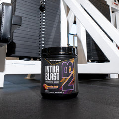 NutraBio Intra Blast canister closeup illustrating 30 serving count.