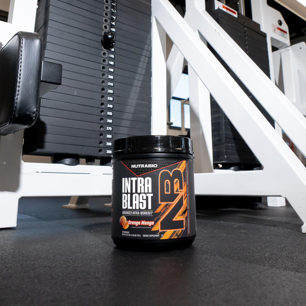 NutraBio Intra Blast Orange Mango athlete-use shot emphasizing hydration and energy during workouts.