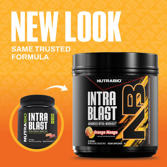 NutraBio Intra Blast Orange Mango scoop in tub for quick amino acid intake mid-workout.