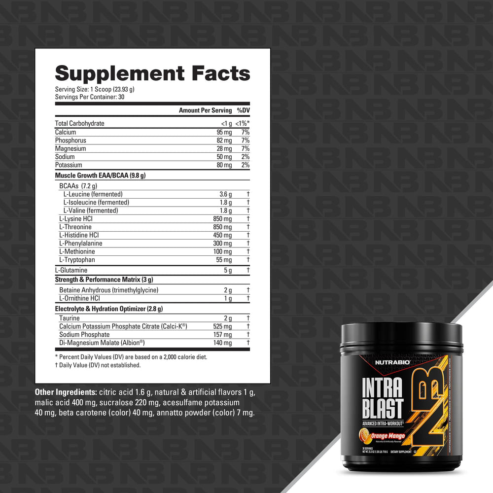 NutraBio Intra Blast Orange Mango top-view tub and scoop ready for serving.