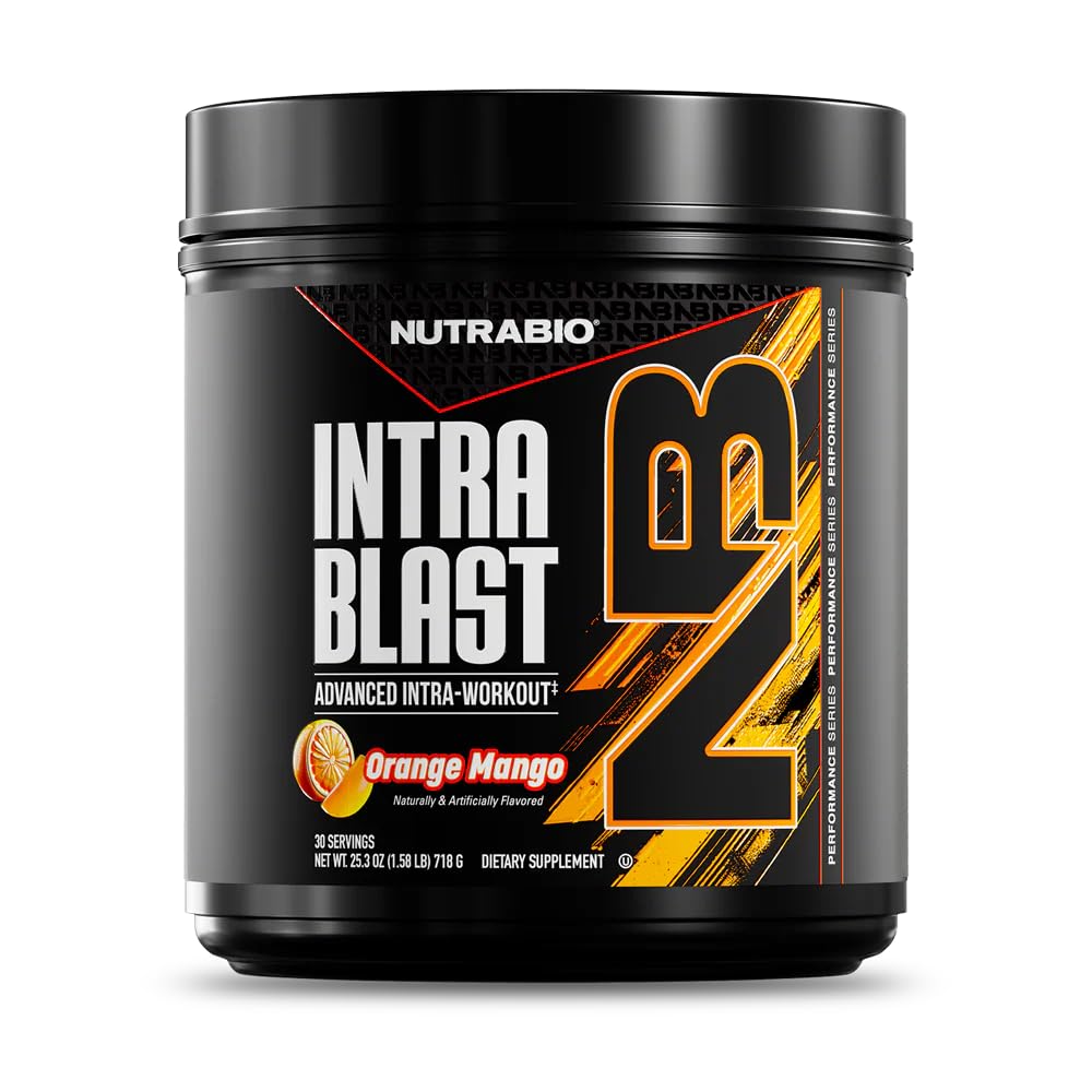 NutraBio Intra Blast Orange Mango tub front showing label, ideal for intra-workout hydration.