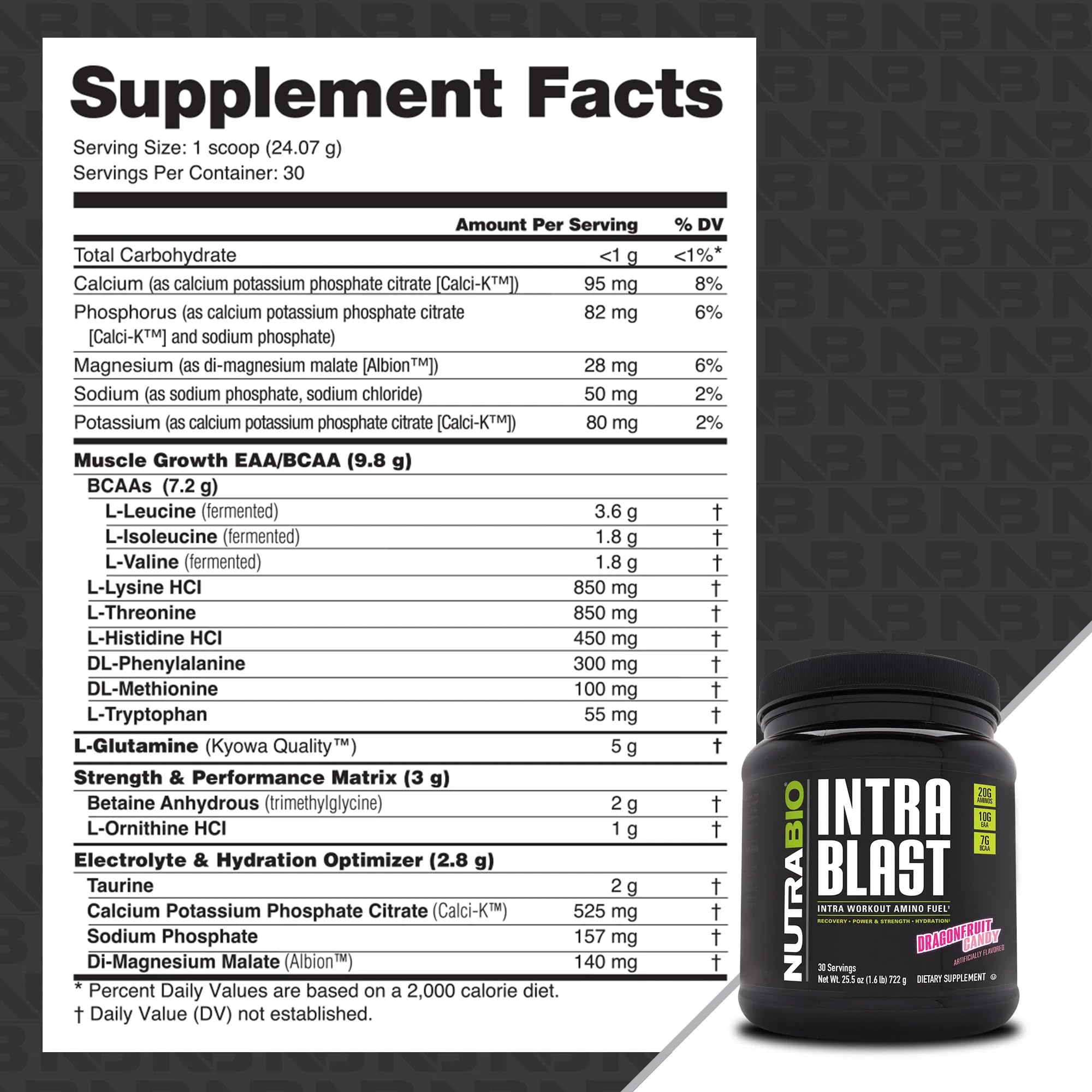 NutraBio Intra Blast powder scoop showing 20g amino acids for performance