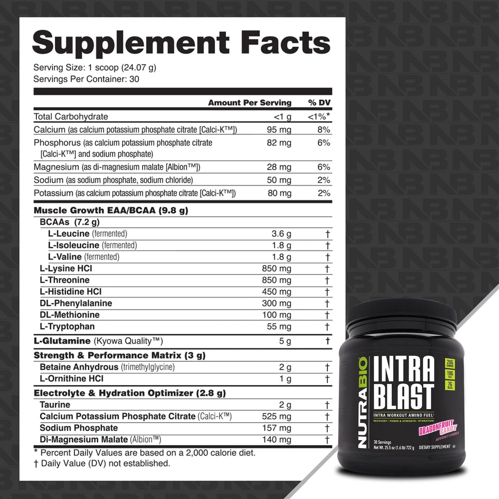 NutraBio Intra Blast powder scoop showing 20g amino acids for performance