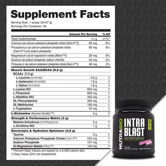 NutraBio Intra Blast powder scoop showing 20g amino acids for performance