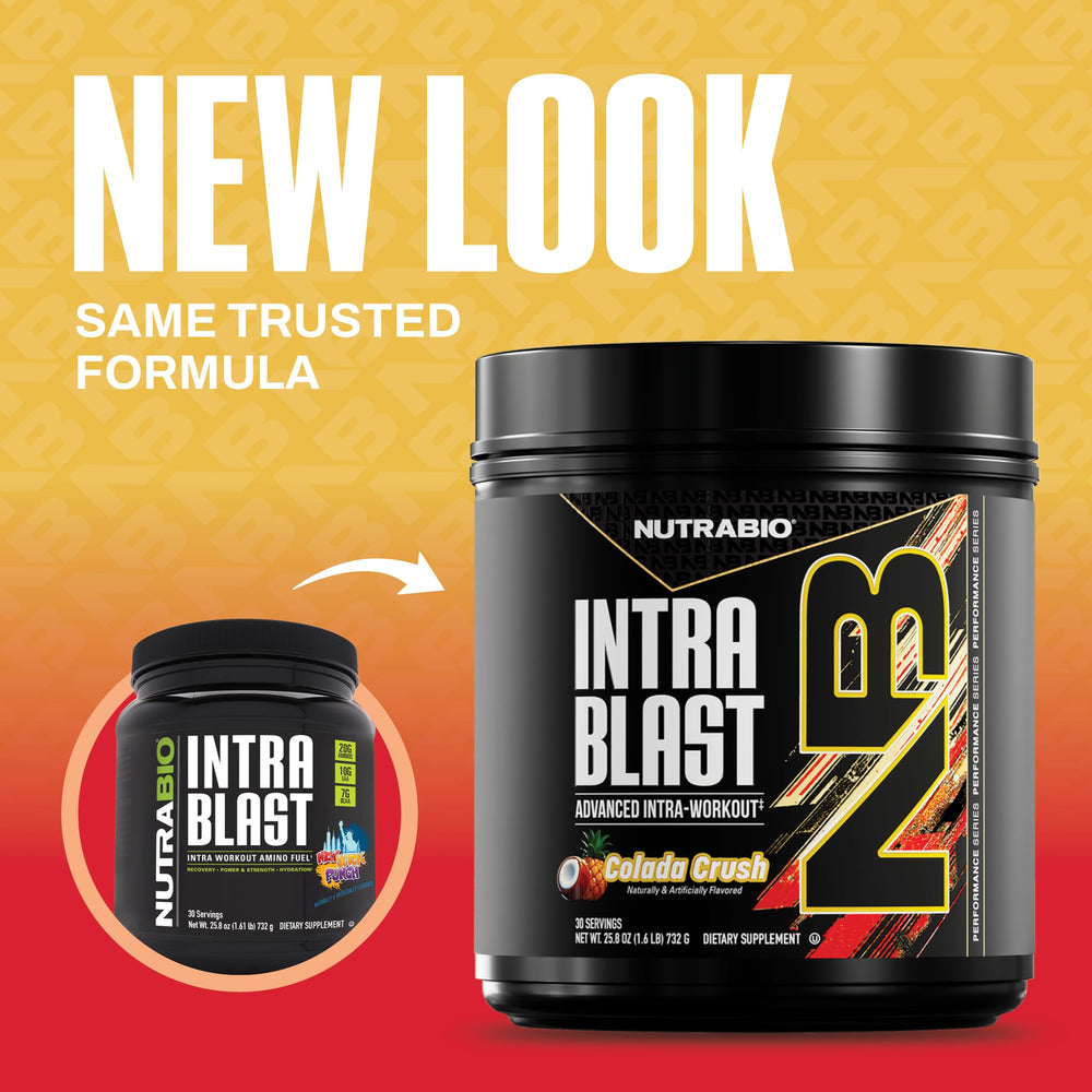NutraBio Intra Blast powder scoop ready to mix for intra-workout hydration.