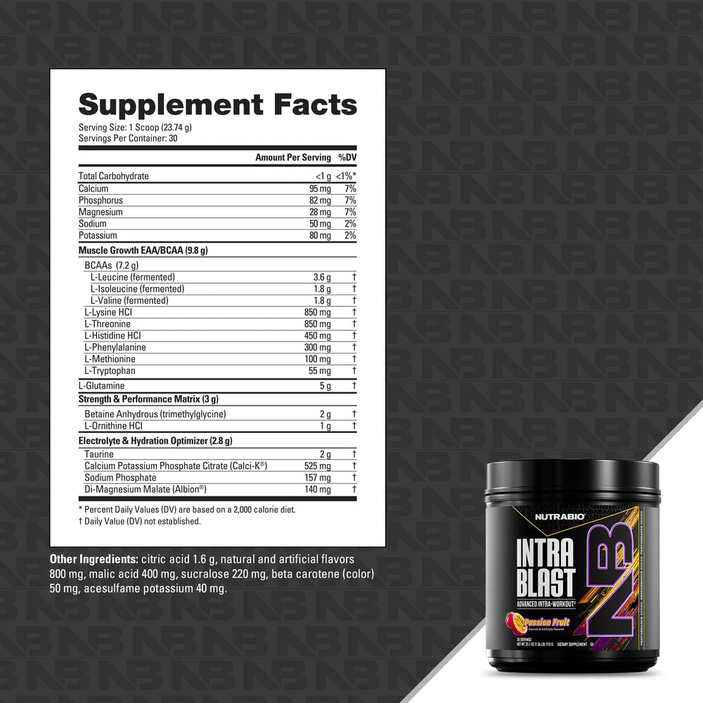 NutraBio Intra Blast studio shot with canister and shaker on workout setup.