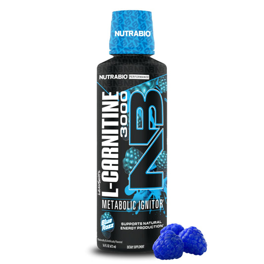 NutraBio L-Carnitine Liquid Shots bottle in blue razz flavor for on-the-go energy.