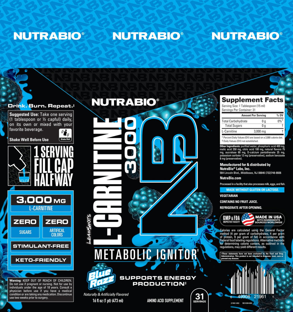 Glass of NutraBio L-Carnitine Liquid Shots with blue razz flavor and ice.