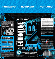 Glass of NutraBio L-Carnitine Liquid Shots with blue razz flavor and ice.