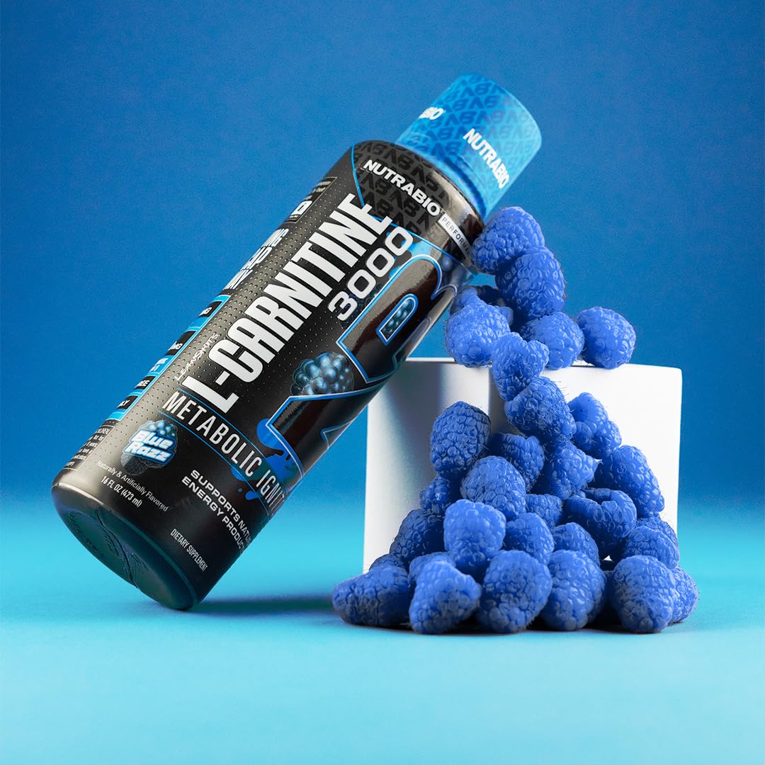 Close-up of NutraBio L-Carnitine Liquid Shots label showing 3000 mg per serving.