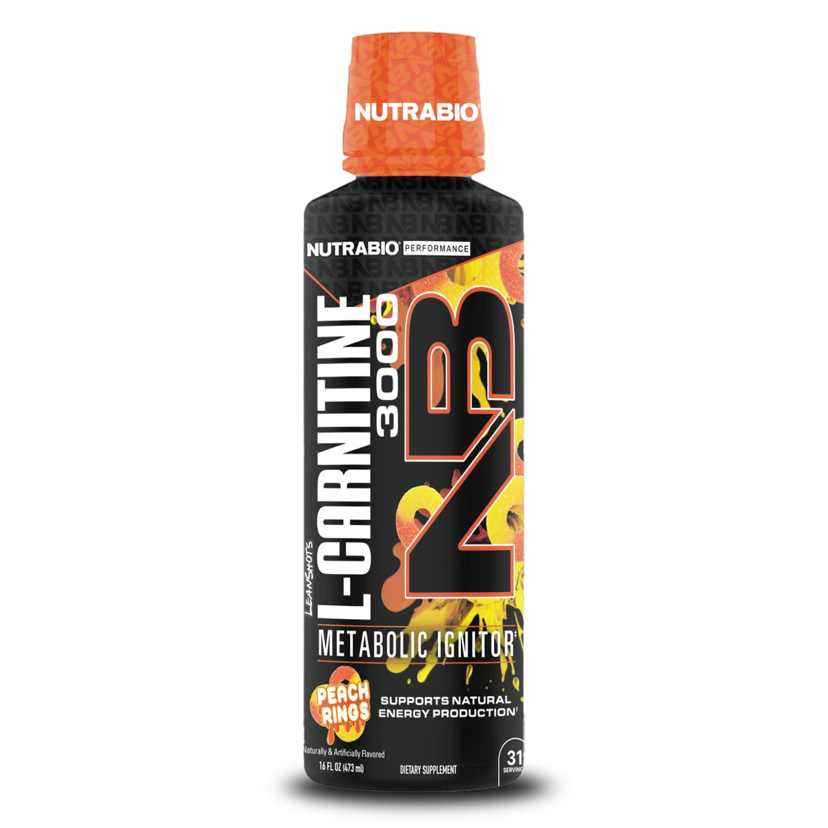 NutraBio L-Carnitine Liquid Shots Peach Rings bottle showing energy support flavor.