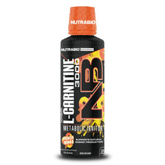 NutraBio L-Carnitine Liquid Shots Peach Rings bottle showing energy support flavor.