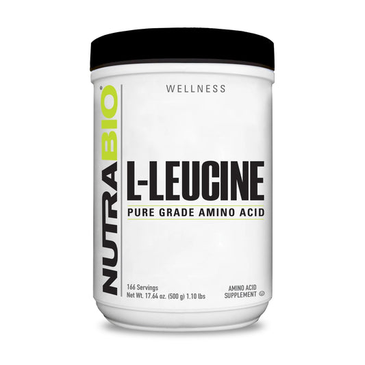 NutraBio Leucine bottle close-up showing pure amino acid supplement