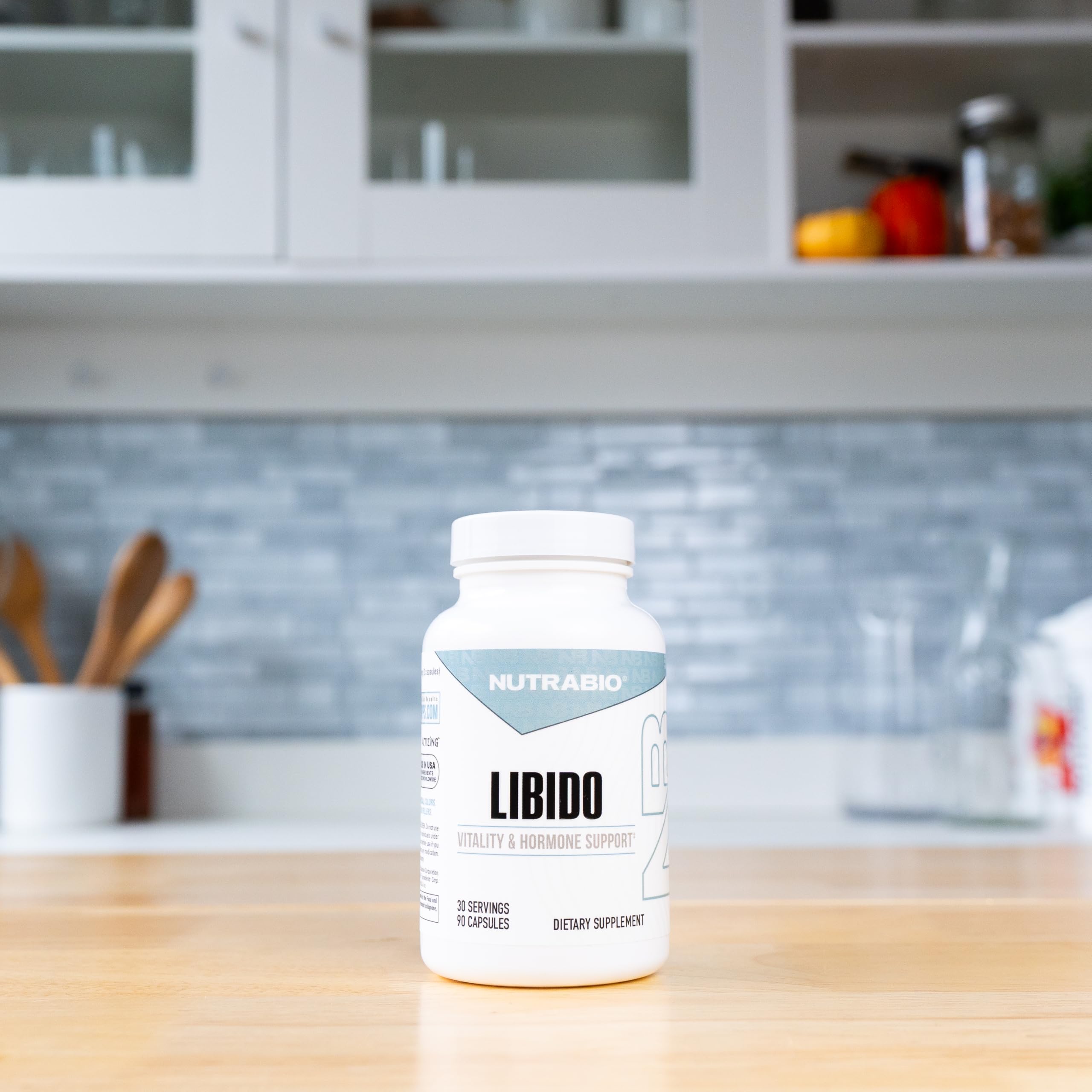 NutraBio Libido capsules close-up highlighting easy-to-swallow tablets for sustained energy