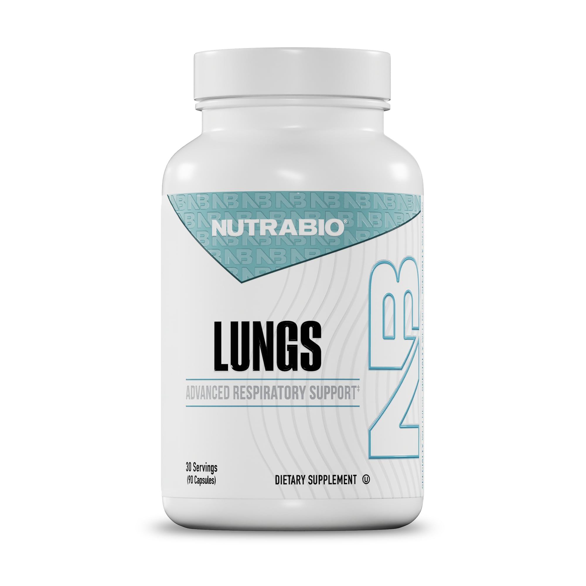 NutraBio Lungs bottle front shows label with key ingredients for respiratory wellness.