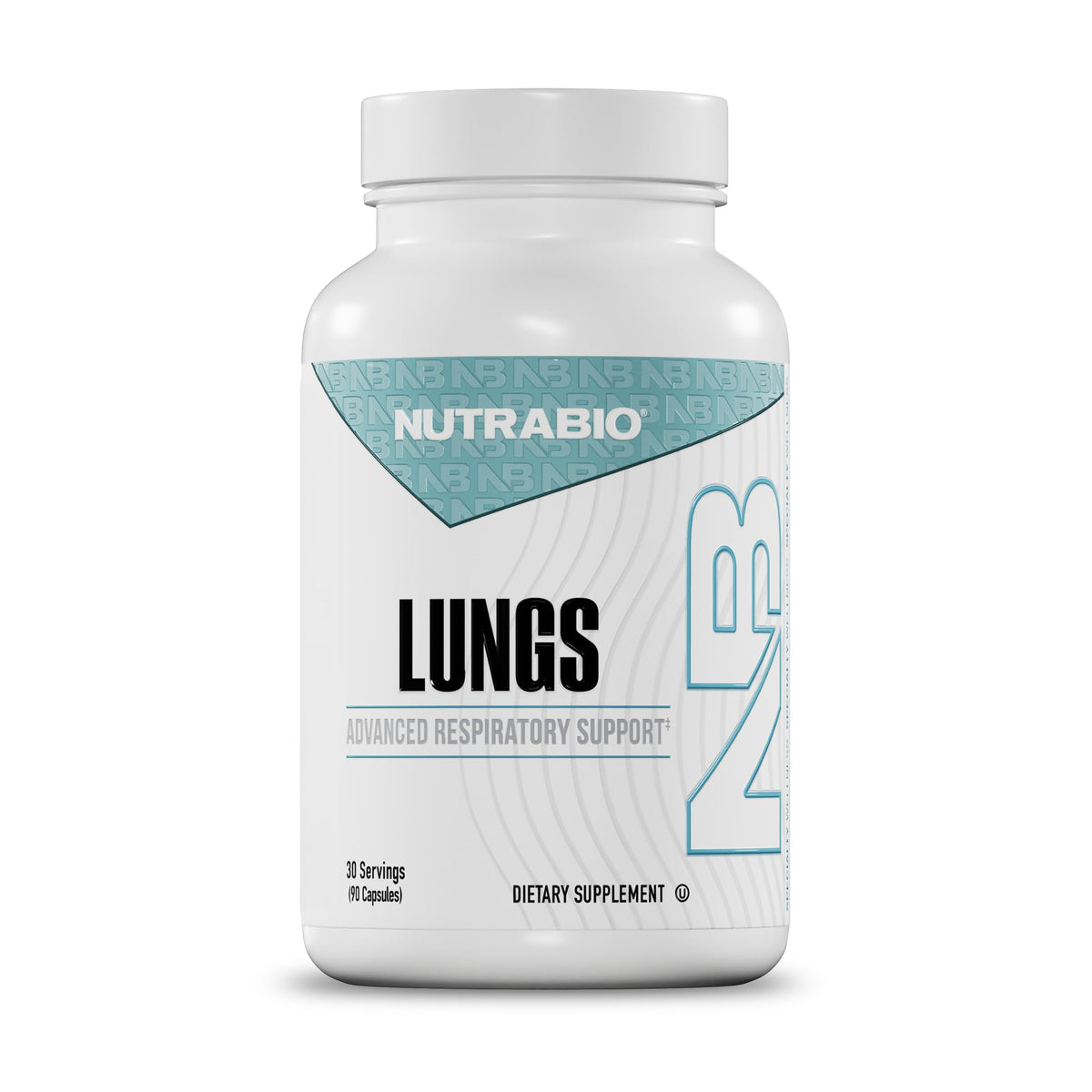 NutraBio Lungs bottle front shows label with key ingredients for respiratory wellness.