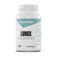 NutraBio Lungs bottle front shows label with key ingredients for respiratory wellness.