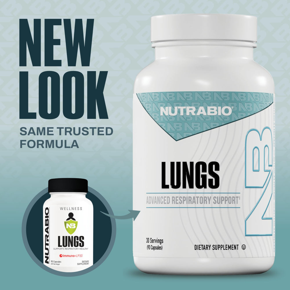 NutraBio Lungs capsules close-up highlighting vegetarian capsules and dosage details.