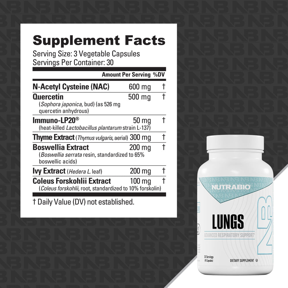 NutraBio Lungs ingredient label features Immuno-LP20 and NAC for health support.