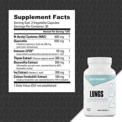 NutraBio Lungs ingredient label features Immuno-LP20 and NAC for health support.