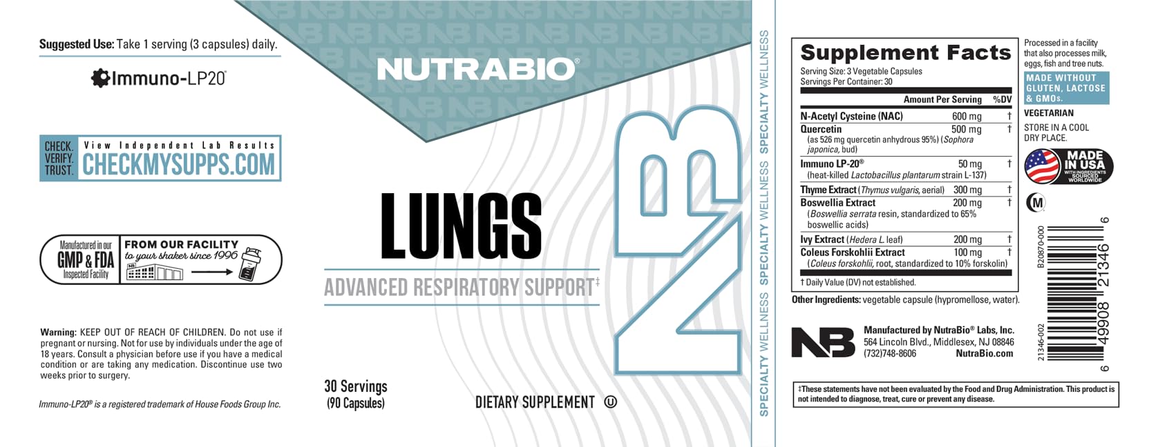 NutraBio Lungs third-party testing badge signals quality and safety.